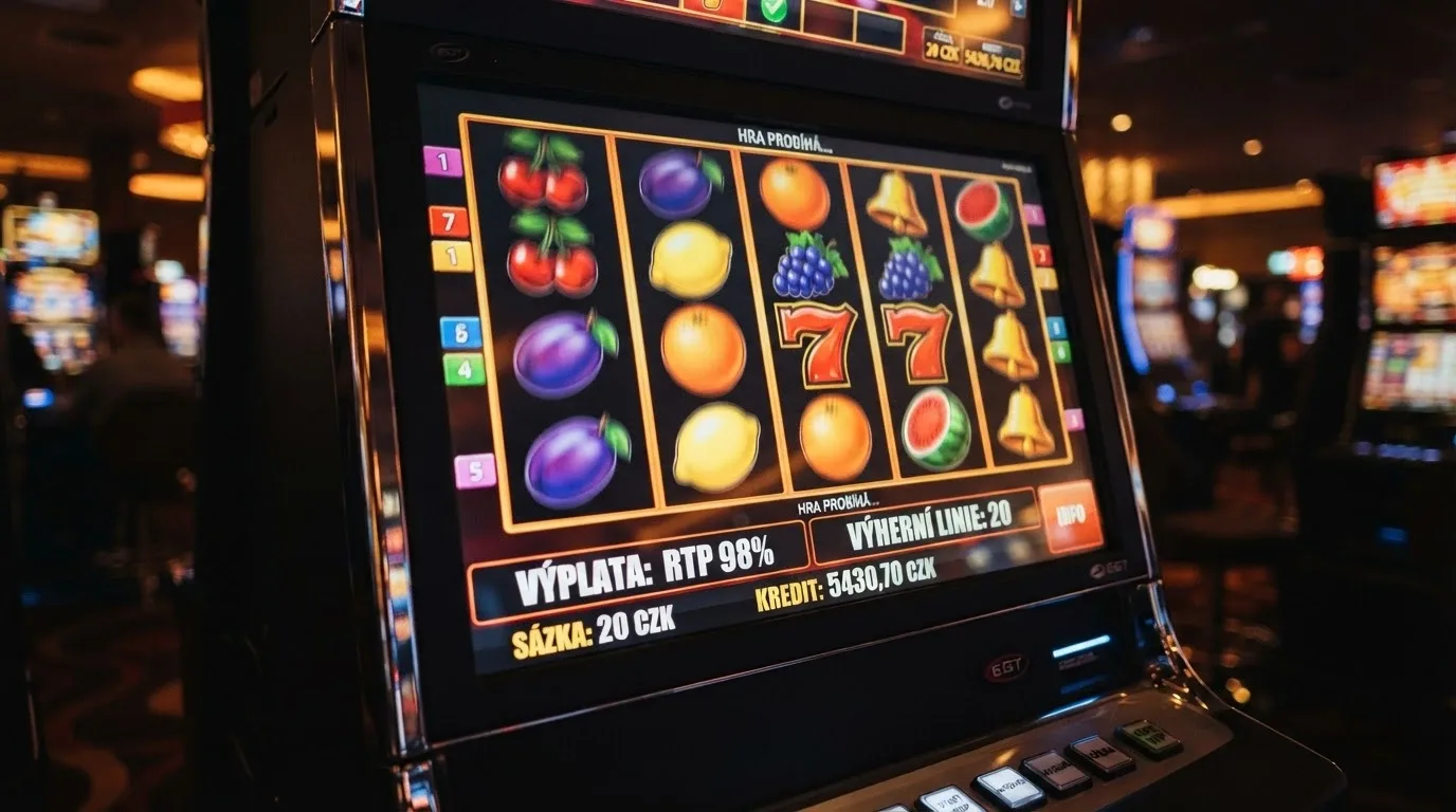 Roztočený výherní automat s viditelnou informační tabulkou RTP 98 %